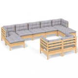 Set mobilier de gradina cu perne gri, 9 piese, lemn masiv pin