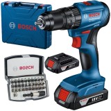 Bosch GSB 185-LI + 2607017319 - Masina de gaurit si insurubat cu percutie cu 2 acumulatori Li-Ion 18 V 2 Ah 50 Nm valiza plastic + Set capete de insur