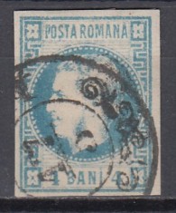 ROMANIA 1868 LP 23 REGELE CAROL I CU FAVORITI 4 BANI ALBASTRU STAMPILAT