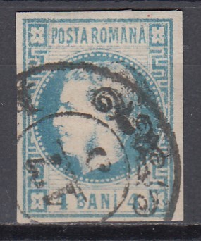 ROMANIA 1868 LP 23 REGELE CAROL I CU FAVORITI 4 BANI ALBASTRU STAMPILAT foto