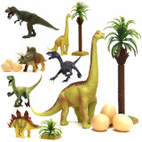 Set figurine dinozauri, 14 elemente, 6 oua, 1 copac, 1 tufis, multicolor