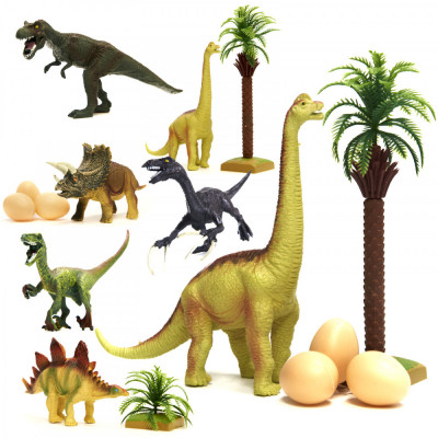 Set figurine dinozauri, 14 elemente, 6 oua, 1 copac, 1 tufis, multicolor foto