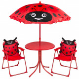 Set mobilier gradina/terasa pentru copii, pliabil, rosu,&nbsp;model buburuza, 1 masa cu umbrela, 2 scaune, Melisenda
