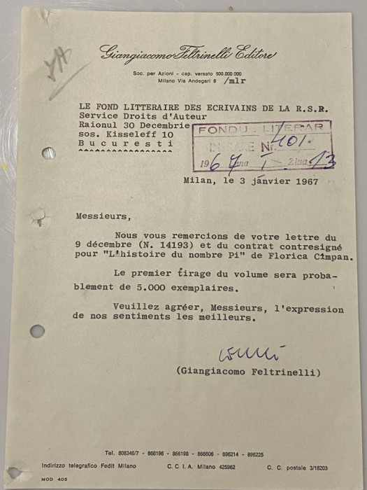 Giangiacomo Feltrinelli - document vechi - semnatura olografa
