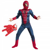 Cumpara ieftin Set costum Spiderman cu muschi si lansator discuri pentru baieti 120-130 cm 7-9 ani, Kidmania