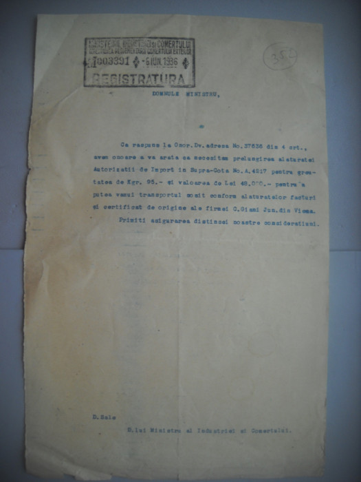 HOPCT DOCUMENT VECHI 352 MINISTERUL INDUSTRIEI COMERT EXTERIOR /BUCURESTI 1936