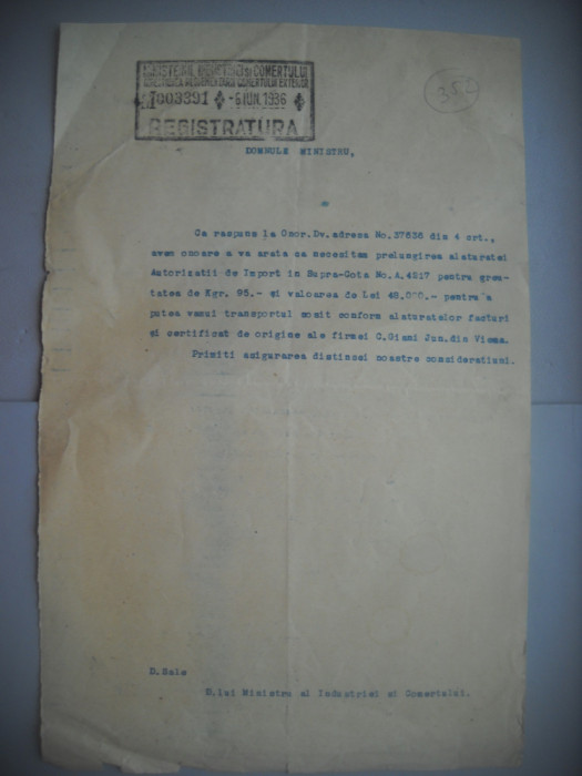 HOPCT DOCUMENT VECHI 352 MINISTERUL INDUSTRIEI COMERT EXTERIOR /BUCURESTI 1936