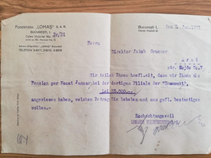 1933, Forestiera &rdquo;Lomaș&rdquo; SAR, Calea Victoriei 11, București, Dir. Jakob Gruener