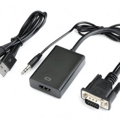 Adaptor VGA la HDMI, Active, Full HD, cablu convertor analog la digital, alimentare USB 5V, compatibil laptop pc tv monitor