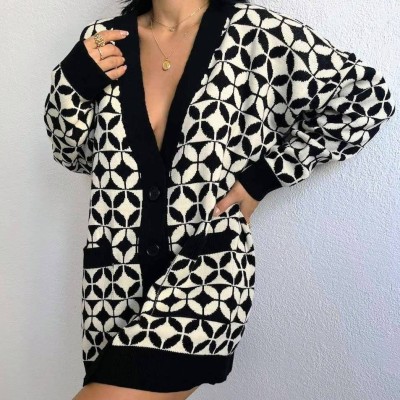 Cardigan Alb Negru cu Buzunare, Wendy foto