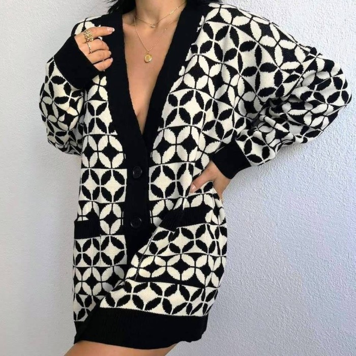 Cardigan Alb Negru cu Buzunare, Wendy