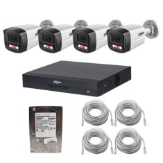 Sistem supraveghere IP Dahua, 4 camere 2MP Dual Light IR 30m, PoE, microfon, NVR 4 canale 16MP WizSense, PoE, HDD 500 GB, cabluri SafetyGuard Surveill