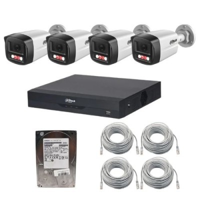 Sistem supraveghere IP Dahua, 4 camere 2MP Dual Light IR 30m, PoE, microfon, NVR 4 canale 16MP WizSense, PoE, HDD 500 GB, cabluri SafetyGuard Surveill foto