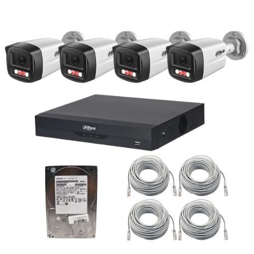 Sistem supraveghere IP Dahua, 4 camere 2MP Dual Light IR 30m, PoE, microfon, NVR 4 canale 16MP WizSense, PoE, HDD 500 GB, cabluri SafetyGuard Surveill