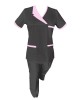 Costum Medical Pe Stil, Negru cu Elastan Cu Paspoal si Garnitură roz deschis, Model Nicoleta - XS, 4XL