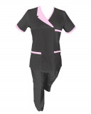 Costum Medical Pe Stil, Negru cu Elastan Cu Paspoal si Garnitură roz deschis, Model Nicoleta - 4XL, 4XL