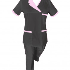 Costum Medical Pe Stil, Negru cu Elastan Cu Paspoal si Garnitură roz deschis, Model Nicoleta - XS, XS
