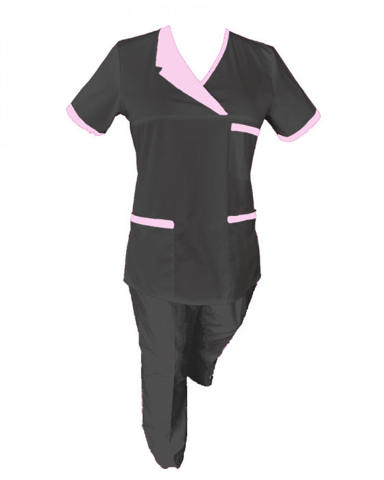 Costum Medical Pe Stil, Negru cu Elastan Cu Paspoal si Garnitură roz deschis, Model Nicoleta - L, S
