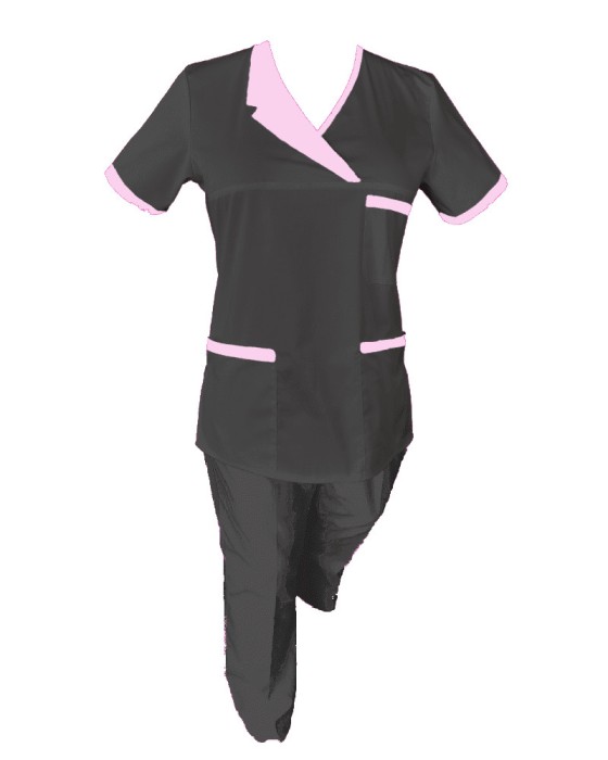 Costum Medical Pe Stil, Negru cu Elastan Cu Paspoal si Garnitură roz deschis, Model Nicoleta - XS, XS