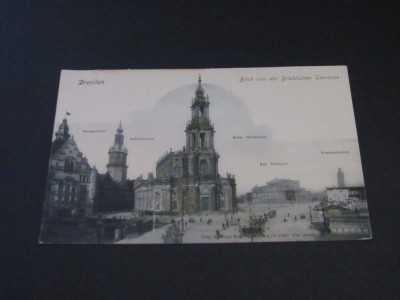 Carte Poștală Vintage Germania - Dresden&amp;bdquo;Vedere de pe Terasa Br&amp;uuml;hl&amp;rdquo; cu Hofkirche și Georgenbau(posibil din perioada 1900-1940) foto