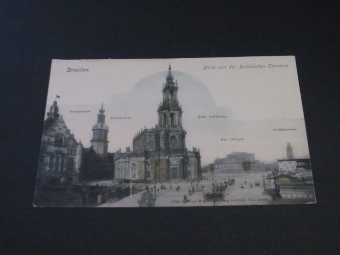 Carte Poștală Vintage Germania - Dresden&bdquo;Vedere de pe Terasa Br&uuml;hl&rdquo; cu Hofkirche și Georgenbau(posibil din perioada 1900-1940)
