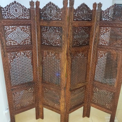 Superb paravan antic decorativ din lemn sculptat integral manual cu 4 panouri lemn de mahon foto