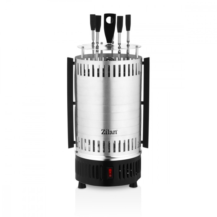 Gratar vertical Zilan ZLN5565 argintiu, putere 900W, rotatie automata, 5 bete pentru frigarui