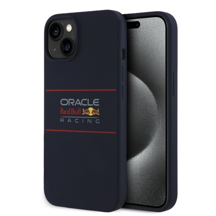 Husa iPhone 15 Red Bull Racing Silicone Horizontal Centered Logo MagSafe, albastru inchis, RBHMP15S24SIHSRV