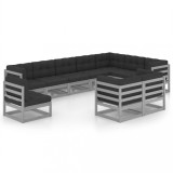 vidaXL Set mobilier grădină cu perne, 10 piese, gri, lemn masiv de pin 3076866