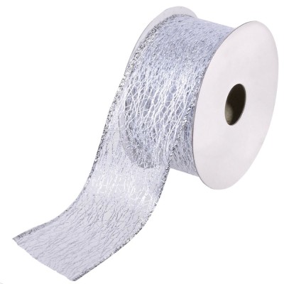 Panglică Decorativă Crăciun, Plasă, Lungime 5m, Lățime 38mm, Argintiu, Poliester foto