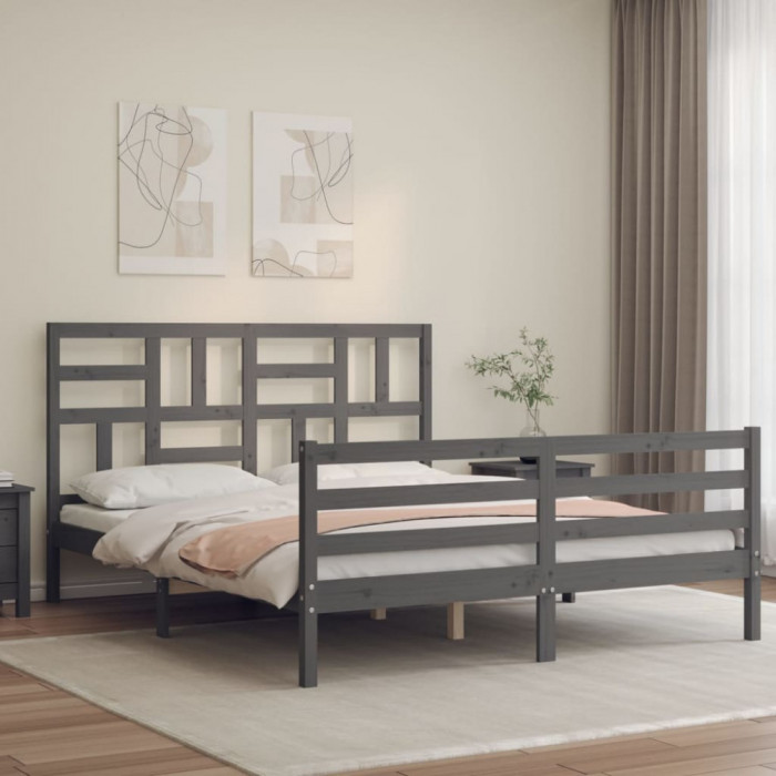 Cadru de pat cu tablie, gri, 160x200 cm, lemn masiv GartenMobel Dekor