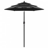 Umbrelă de soare 3 niveluri, st&acirc;lp de aluminiu, negru, 2 m, vidaXL