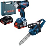 Bosch GDS 18V-400 + GKE 18V-40 - Masina de insurubat cu impact cu 2 acumulatori Li-Ion 18 V 5 Ah patrat 1/2 inch 400 Nm M10-M20 valiza plastic + Drujb