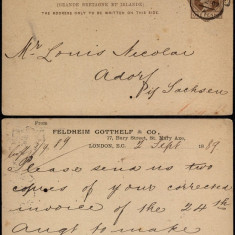 Great Britain 1889 Postcard Preprinted stationery London to Adorf Germany DB.004