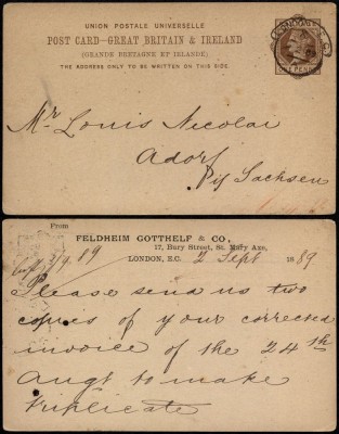 Great Britain 1889 Postcard Preprinted stationery London to Adorf Germany DB.004 foto