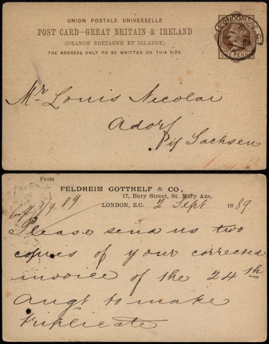 Great Britain 1889 Postcard Preprinted stationery London to Adorf Germany DB.004