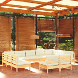 Set mobilier gradina cu perne crem, 11 piese, lemn masiv de pin