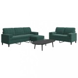 vidaXL Set canapele cu perne/rulouri, 3 piese, verde &icirc;nchis, catifea