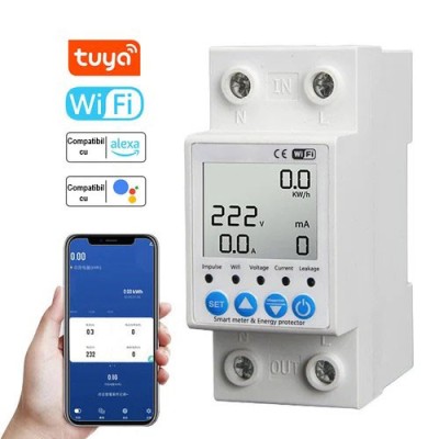 Releu monofazic WIFI, protectie supratensiune, reglabil, digital, 63A, 230V, monitorizare KWh, programabil Tuya App @SmartWiz smw69 foto