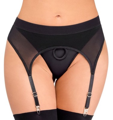 Tanga neagra cu jartiere Strap-on thong with suspenders, Bad Kitty - XL foto