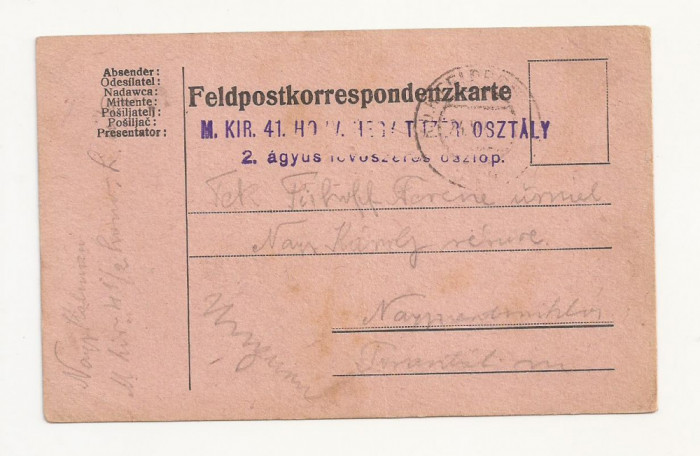 D4 Carte Postala Militara k.u.k. Imperiul Austro-Ungar ,1917 Reg. Torontal