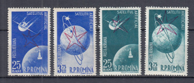 ROMANIA 1958 LP 459 SATELITI ARTIFICIALI CU SUPRATIPAR BRUXELLES SERIE MNH foto