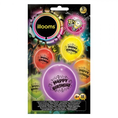 Baloane LED Giochi Preziosi Illooms, Set 5 Bucăți, Multicolor, Diametru 38 cm, Happy Birthday foto