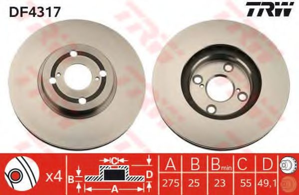 Disc frana TOYOTA COROLLA (CDE12, ZZE12, NDE12, ZDE12) (2001 - 2007) TRW DF4317