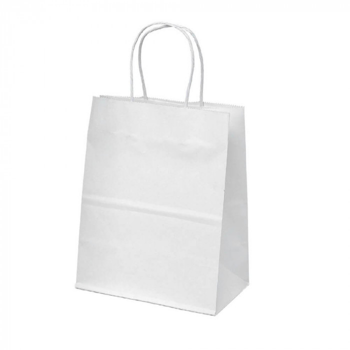 Set 100 de Sacose Hartie pentru Cadouri, 25x14x30.5 cm, Albe, Pungi Hartie Kraft Alba pentru Cadouri, Set de Pungi Hartie Kraft pentru Cadouri, Punga