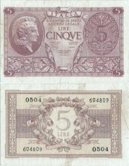 1944 (23 XI), 5 lire (P-31c) - Italia! foto