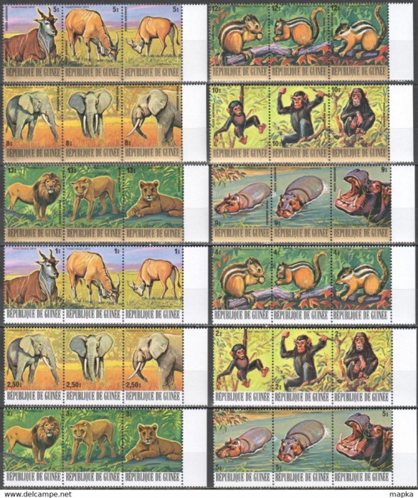 172-Guineea 1977-Animale din Africa-12 streifuri a cate 3 timbre nestampilate