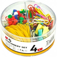 Set office 4 in 1 cu pioneze colorate panou pluta, clipsuri colorate de 19 mm, agrafe colorate #3 si elastice colorate, M&G