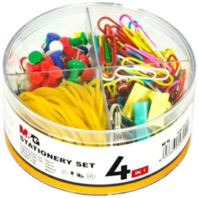 Set office 4 in 1 cu pioneze colorate panou pluta, clipsuri colorate de 19 mm, agrafe colorate #3 si elastice colorate, M&amp;G