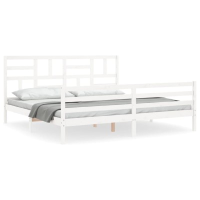 Cadru de pat cu tablie Super King Size, alb, lemn masiv foto